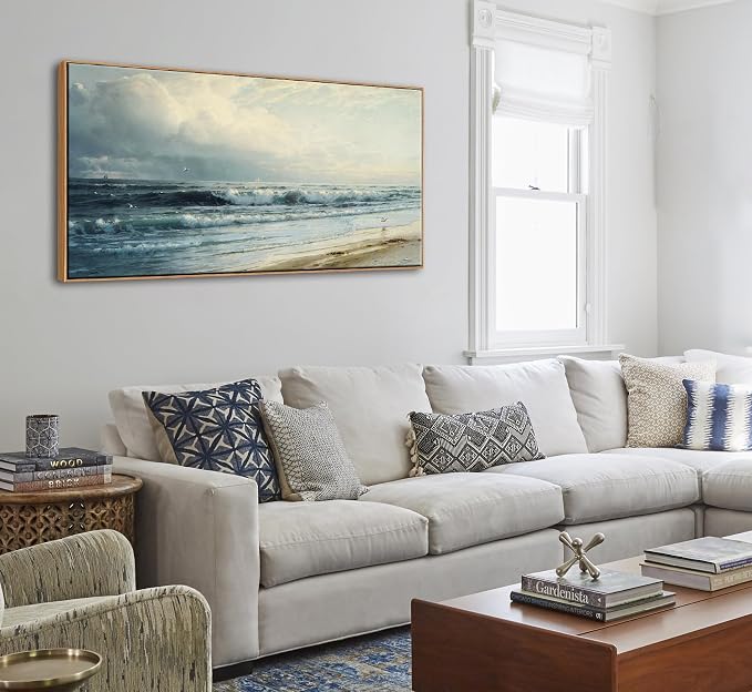 DJSYLIFE Vintage Rockaway Beach Seascape Canvas Wall Art, Framed 20x40 Inch | Large Coastal Decor, Ocean Waves Painting Prints, Ready to Hang for Living Room & Bedroom, Long Pictures for Above of Bed