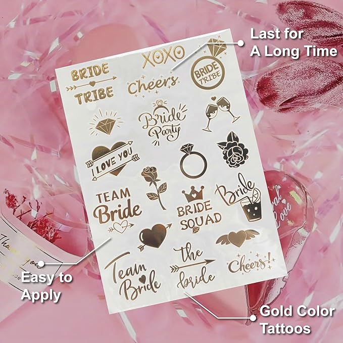 Bride's Babes Bachelorette Temporary Tattoos, Bride Tribe Cheers Gold Metallic Tattoos for Bachelorette Party Bridesmaid Favors Decorations(I love you)
