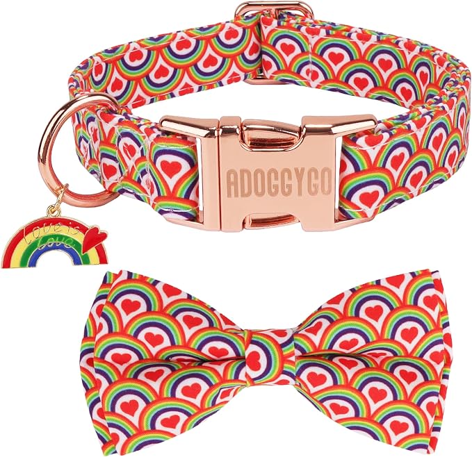ADOGGYGO Rainbow Dog Collar with Bow Tie, Pride Bowtie Collar, X-Large