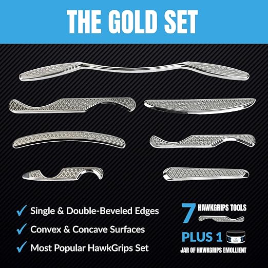 HawkGrips, Gold Massage Therapy Set with Massage Emollient Cream 8oz, Stainless Steel, Includes a Medium Handlebar, Roll-Up Carrying Case, All Six Small IASTM Tools (HG4-HG9), and Digital User Manual