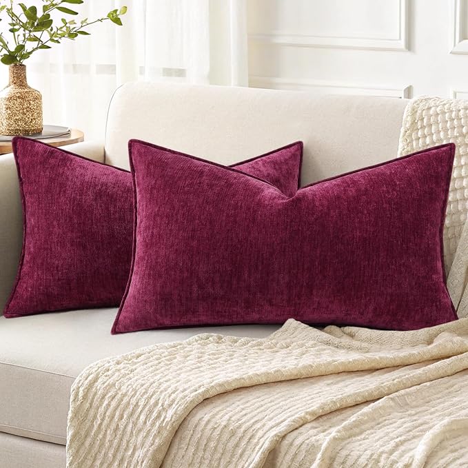 decorUhome Chenille Rhododendron Throw Pillow Covers 12x20 Set of 2 | Fall Soft Lumbar Couch Decorative Modern Velvet Pillow Cases with Elegant Design for Sofa Bed Living Room Home Decor