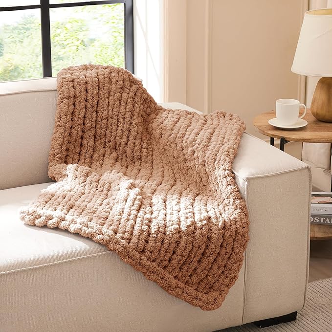 L'AGRATY Chunky Knit Throw Blanket for Couch, 30'' x 40'' Knit Throw, Brown | Handmade Chenille Crochet Blanket for Sofa Bed, Thick Cable Knitted Blankets for Room Home Decor, Birthday Gift for Women Mom
