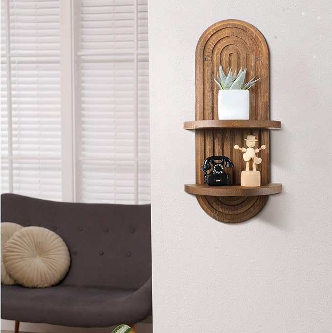 2 Pcs Boho Wall Shelf Rainbow Arch Wooden Floating Shelf Mid Century Bohemian Hanging Holder Double Vintage Wall Mount Altar Decor for Nursery Bedroom 15.75 x 6.69 Inches(Brown)