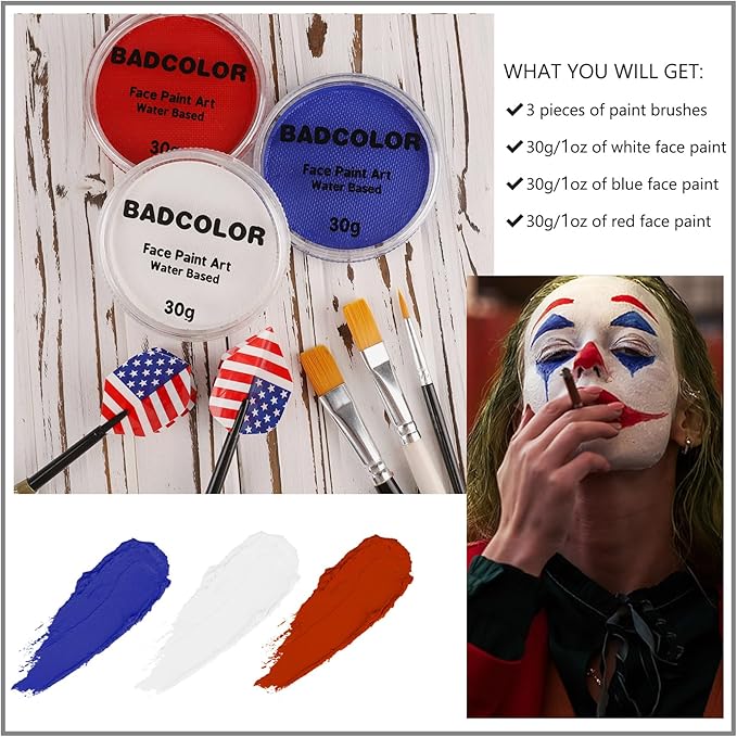 US Flag Red White And Blue Joker Face Body Paint, Water-Based Face Painting Kit with Brushes for America’s Patriotic Parades 4th of July USA Independence Day & Halloween Costume Clown Cosplay Makeup