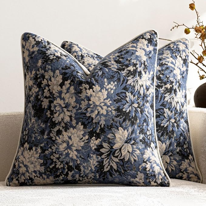 Pack of 2 Vintage Floral Euro Sham Covers 26x26 Boho Farmhouse Accents Chenille Square Decorative Throw Pillow Cases for Living Room Couch Bed Home Decor, Dusty Blue