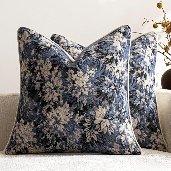 Pack of 2 Vintage Floral Euro Sham Covers 24x24 Boho Farmhouse Accents Chenille Square Decorative Throw Pillow Cases for Living Room Couch Bed Home Decor, Dusty Blue
