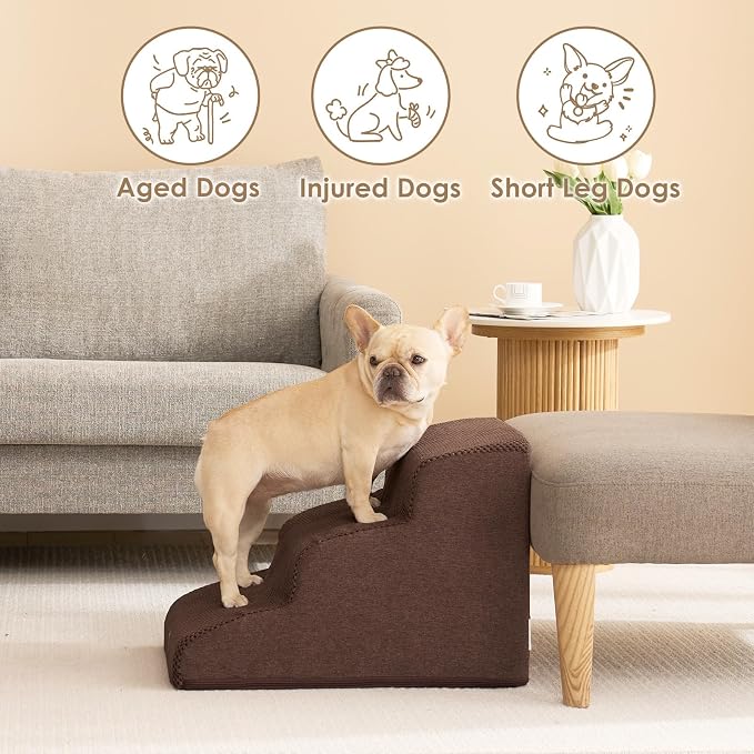 EHEYCIGA Curved Dog Stairs Ramp, 3-Step Dog Steps, 15.7" H Pet Step | 33D density of pure foam, for Small Dogs and Cats, Pet Stairs for High Bed Climbing, Non-Slip Balanced Indoor, Brown