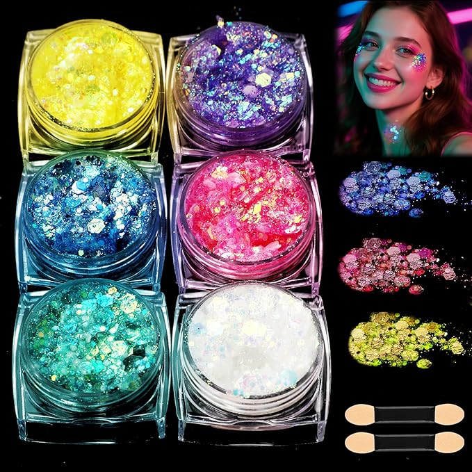 6 Colors Glow in The Dark Glitter Gel for Face Body and Hair, UV Black Light Makeup Glitter Gel for Raves Festivals Party Halloween (Type 2)