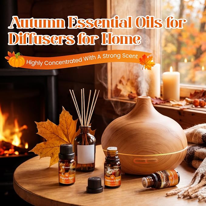 Fragrance Oil Autumn Set,Fall Essential Oils, Pumpkin Spice,Cinnamon & Apple,Fireplace, Autumn Wreath, Warm Flannel, Fall Scents for Diffuser, Candles Making Scent