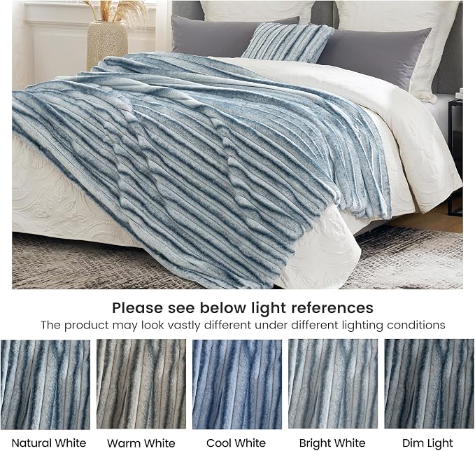 Cozy Bliss Faux Fur Throw Blanket for Couch, Cozy Warm Plush Striped Blanket for Sofa Bedroom Living Room, 50 * 60 Inches Blue