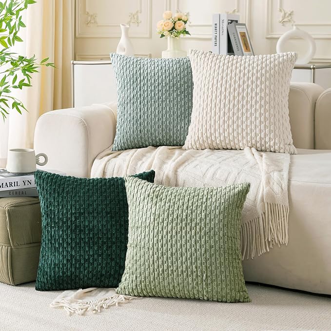 Set of 4 Sage Forest Green Decorative Throw Pillow Covers 20x20 Inch Corduroy Pillow Covers for Bed Couch Sofa Living Room Soft Square Cushion Cases