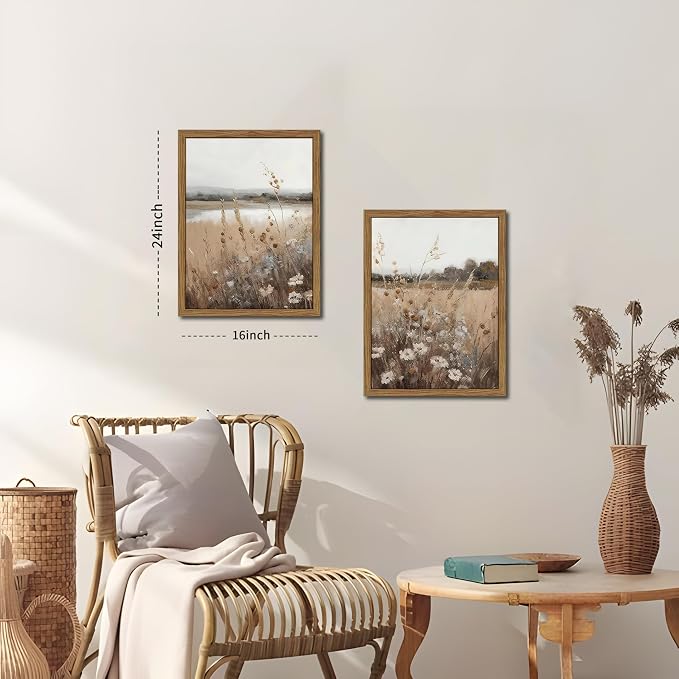 Framed Vintage Wildflower Wall Art Set of 2, Retro Country Floral Canvas Wall Decor Paintings, Farmhouse Field Landscape Posters Prints for Bedroom Bathroom Living Room Home Decor 16x24In Wood Frame