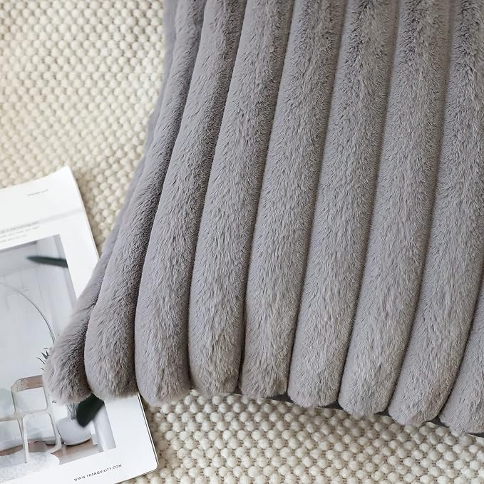 Soleebee Set of 2 Throw Pillow Covers Soft Cozy Velvet Pillowcase Faux Rabbit Fur Cover for Couch Sofa Bed Chair Home Decorative Pillows Cover (18x18 Inch, Smoky Gray)