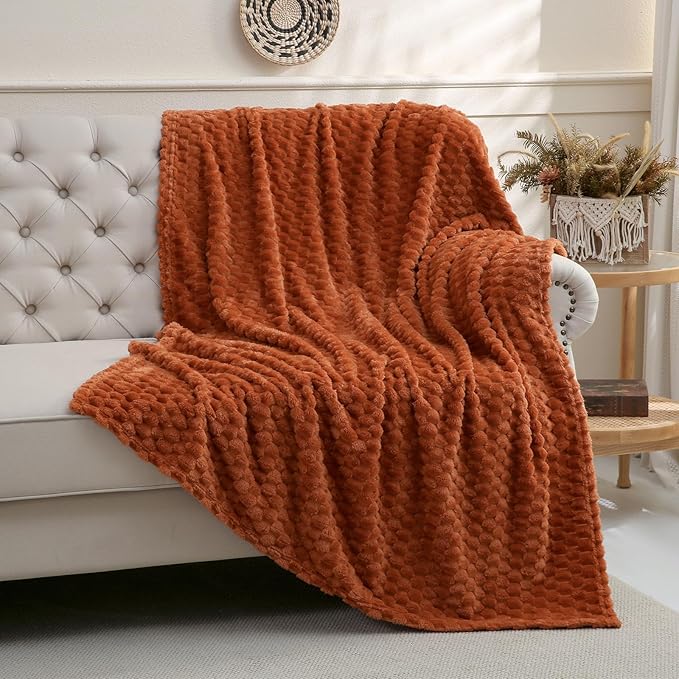 Puncuntex Burnt Orange Throw Blanket 90"×90" Fuzzy 3D Jacquard Decorative | Flannel Fleece Super Soft Plush Cozy Blanket for Couch Sofa Chair Lightweight