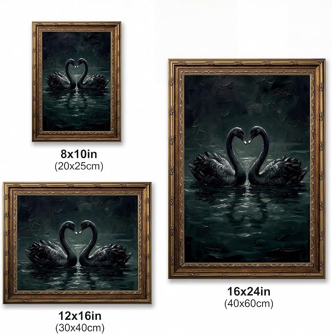 Vintage Gold Framed Gothic Wall Art Moody Love Black Swan Canvas Print | Dark Academia Swan Painting Print, Romantic Vintage Animal Poster Picture Wall decor for Bedroom Living Room Office 12x16 In