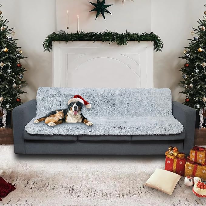 Dogs/Cats Bed Mats, Dog Pad Washable Removable Couch Cover with Anti-Slip Back, Plush Long Fur Mat, Perfect for Small, Medium and Large Dogs.(Light Gray, 52"x82")