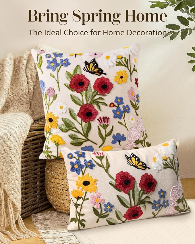 Embroidered Lumbar Pillow Cover 20x12 Inch, Retro Flower | Decorative Throw Pillow Cover, Vintage Boho Cushion Case with Hidden Zipper, Floral Decor for Couch, Sofa, Living Room, Bed