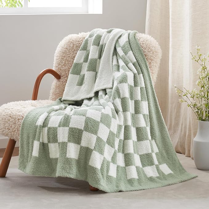 Snuggle Sac Checkered Throw Blanket for Couch, Super Soft, Cozy Warm Knit Blankets, Reversible Plaid Fluffy Throws for Sofa, Bed, Checkered Sage Green, 50x60 Inches