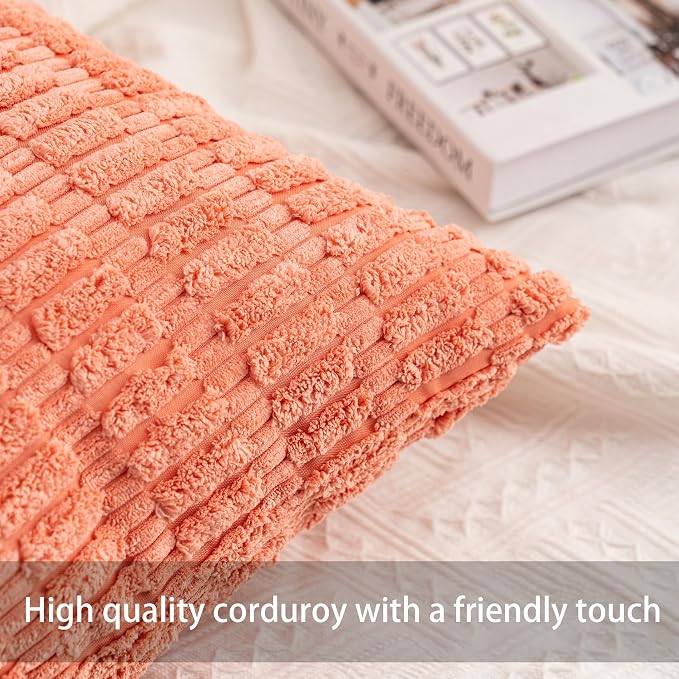 Aegero Pack of 2 Corduroy Decorative Throw Pillow Covers 18x18 Inch, Orange | Fall Soft Striped Pillow Covers Modern Farmhouse Home Decor Christmas Throw Pillow Covers for Sofa Living Room Couch Bed