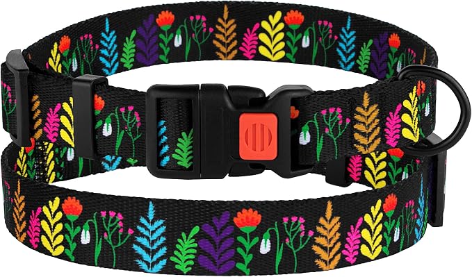 Nylon Dog Collar Floral Pattern Black 14-18 inch