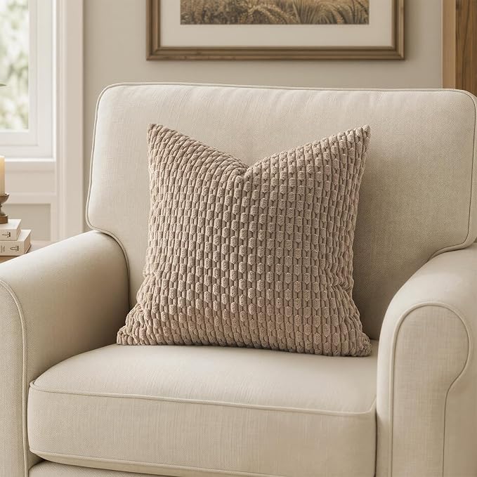 MIULEE Decorative Throw Pillow Covers 18x18 Light Brown Textured Corduroy | Pack of 2 Striped Pillow Covers Modern Farmhouse Fall Home Decor for Couch Bed Sofa Living Room