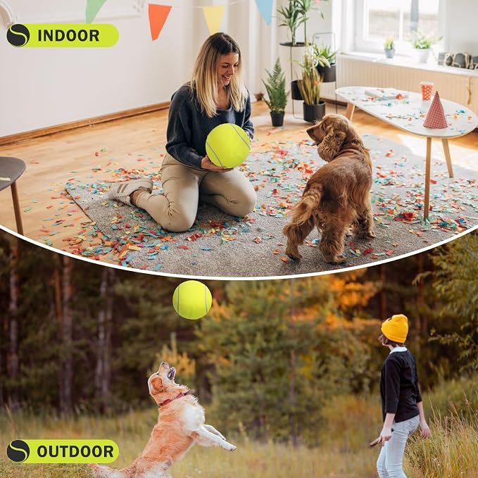 SCENEREAL Giant Tennis Ball for Dogs, 9.5" Big Dog Toy Ball Inflatable for Medium Large Doggie, Indoor Outdoor Interactive Training Playing, Birthday Gift, Yellow