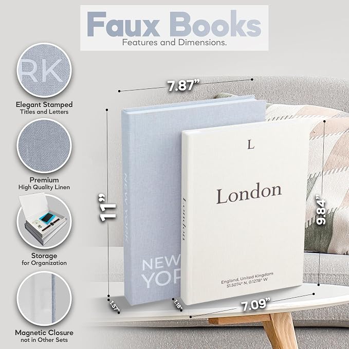 Faux Book Storage Box Set of 2 (Beige/Gray) – Decorative Faux Books with Hidden Storage for Coffee Table Decor, Bookshelf or Mantle – Linen Decorative Boxes – Aesthetic Book Decor for Home