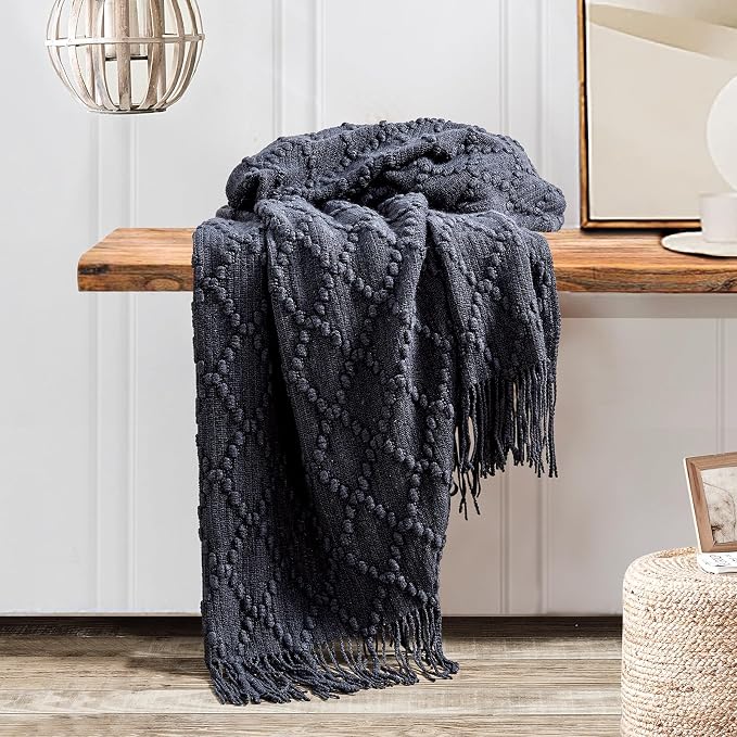 BOURINA Navy Throw Blanket 50 x70 Inch Jacquard Throw Knitted Blanket | Jacquard Argyle Throw Textured Solid Soft Throws and Blankets for Sofa or Bed Knitted Decorative Blanket