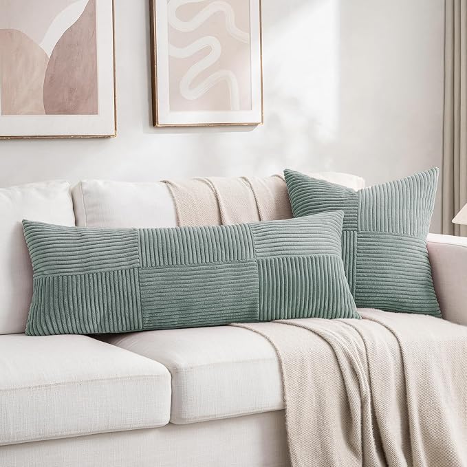 Fancy Homi Set of 1 Grey Blue Boho Long Lumbar Body Decorative Throw Pillow Cover 14x36 Inch for Bed Couch Bedroom Bench, Soft Patchwork Corduroy Textured Pillow Case, Rustic Farmhouse Room Decor
