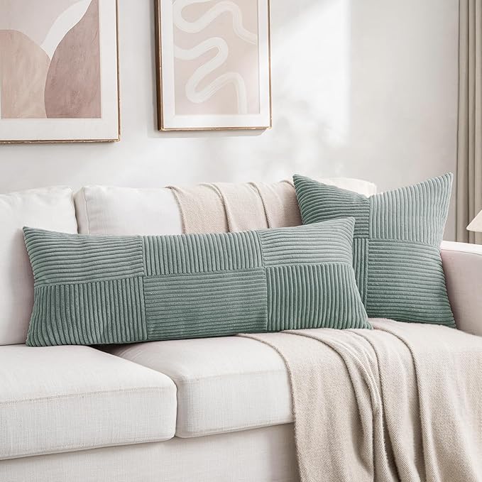 Fancy Homi Set of 1 Grey Blue Boho Long Lumbar Body Decorative Throw Pillow Cover 21x54 Inch for Bed Couch Bedroom Bench, Soft Patchwork Corduroy Textured Pillow Case, Rustic Farmhouse Room Decor