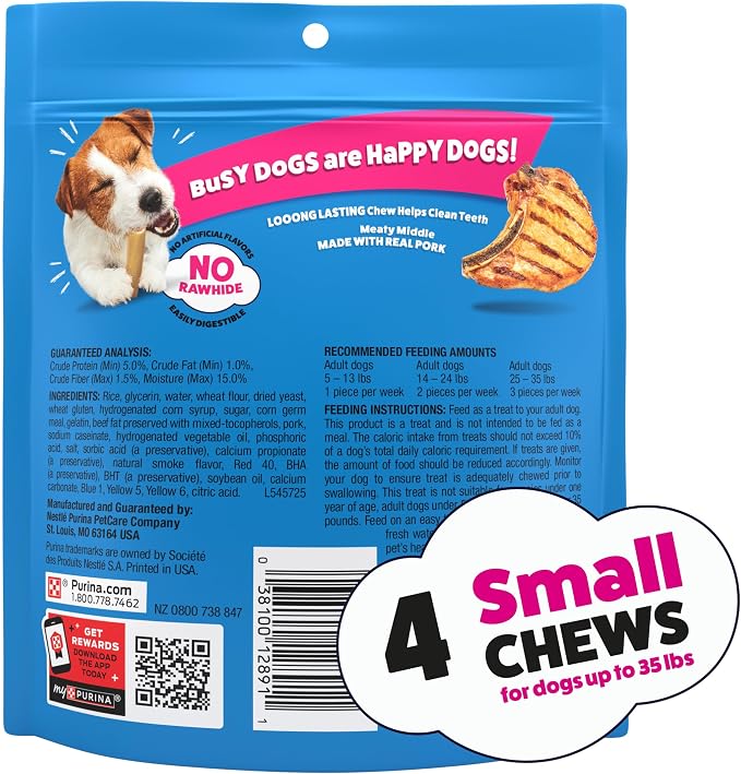Purina Busy Bone Adult Small Dog Chew Treats, Original, (8) 4 ct Pouches | Rawhide free chew with a real meat center for small dogs up to 35 lbs, long lasting chew that helps clean teeth