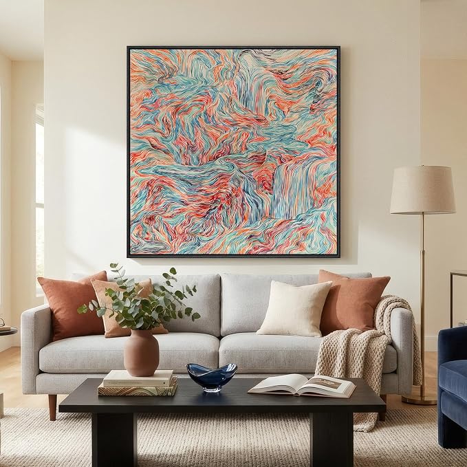 Extra Large Framed Colorful Abstract Wall Art for Living Room, Oversized Square Modern Canvas Prints Paintings, Minimalist Multicolor Big Pictures for Bedroom Dining Hallway Office Wall Decor 40x40 In