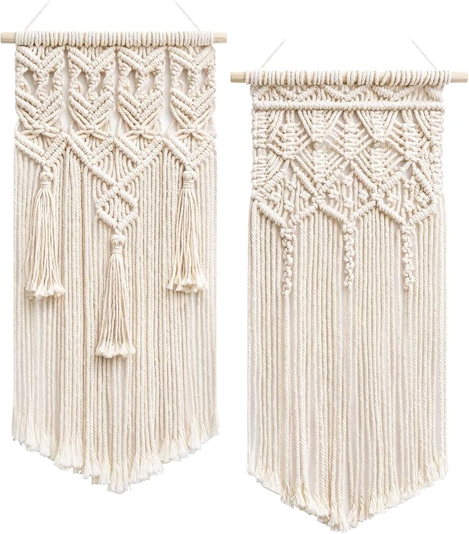 Mkono 2 Pcs Macrame Wall Hanging, Boho Woven Chic Tapestry Decor, Ivory | 18"L x 9.5"W, Bohemian Wall Decor, Hand-Woven Craft, Multi-Scene, Bedroom Nursery Living Room Apartment, Girls Adults Gift