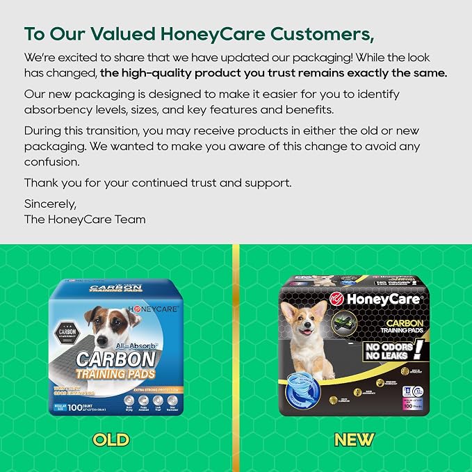 HONEY CARE All-Absorb Puppy Training Pads | Doggie Potty Pads Absorb Eliminating Urine Odor, Ultra Charcoal Dog Pee Pad (Carbon, L 22x23 inch, 100ct)