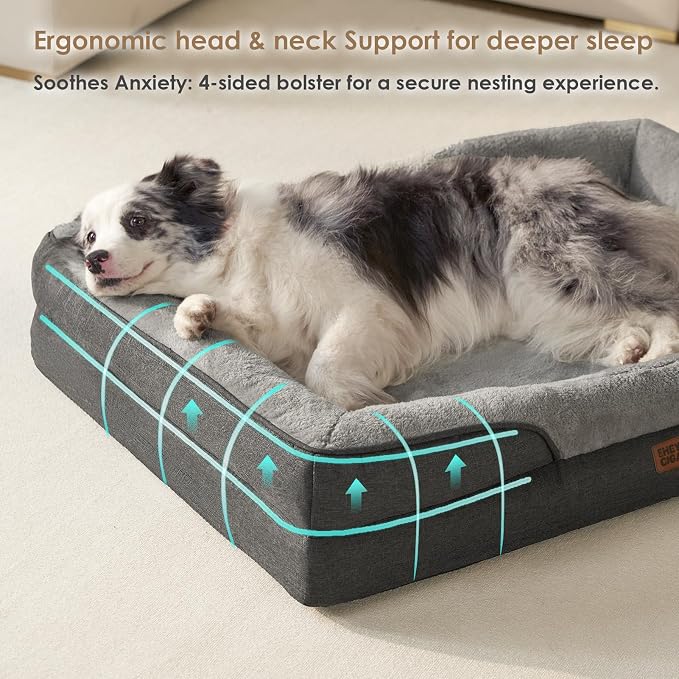 EHEYCIGA Orthopedic Dog Bed for Large Dog, Memory Foam Dog Couch, Grey | 36x27 Inch Large Sized Dog Sofa with Sides, Waterproof Liner & Washable Removable Cover, Bolster Pet Couch