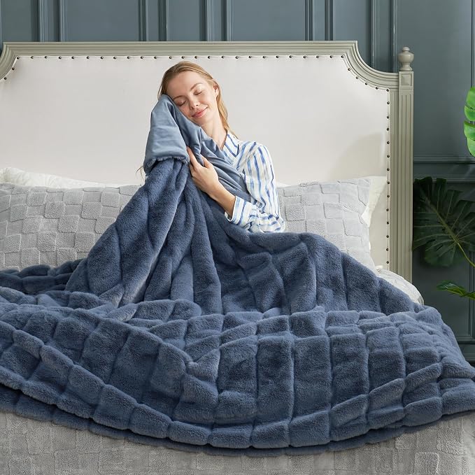 Cozy Bliss Deluxe Sheared Rabbit Faux Fur Throw Blanket, Soft Fuzzy High-Low Sculpted Plush Blanket for Couch, Cozy Home Accent, All Season Use, Blue 60"x80"