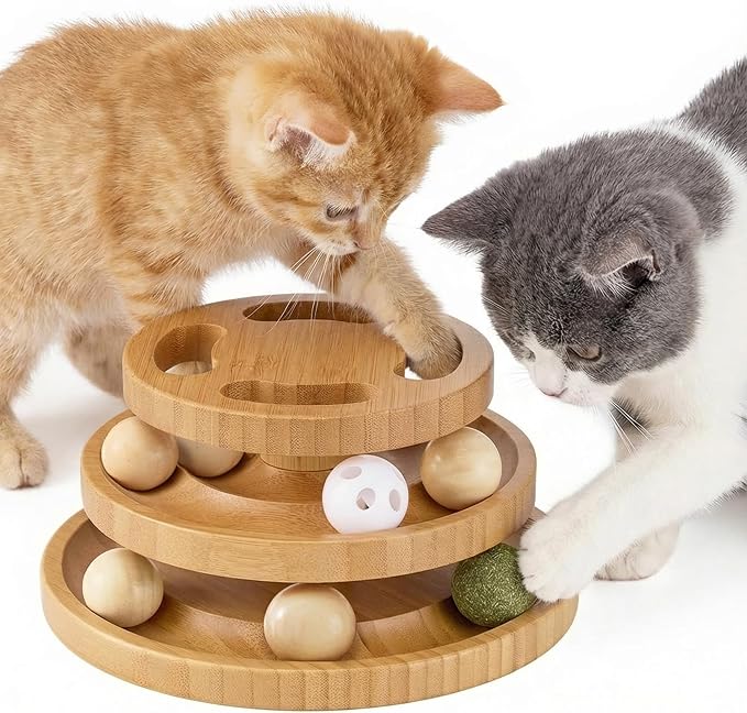 ZOMISIA Cat Ball Track Toy with Puzzle Top, Wooden Cat Toys for Indoor Cats