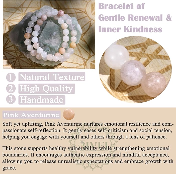 Bivei Natural Gemstone Semi Precious Healing Crystals Handmade Stretchy Round Beads Bracelet,Stocking Stuffers for Women Enhance Positive Energy