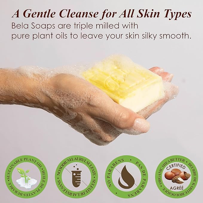 BELA Patchouli Soap 3.3 OZ Pack of 12, French Triple Milled Bar Soap with Organic Shea Butter, Hand, Face and Body Was Bar Made in Australia