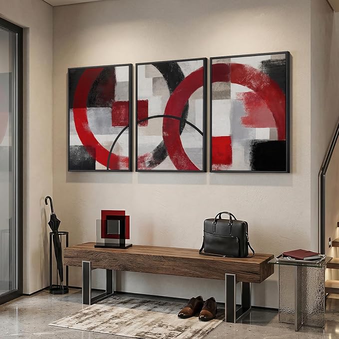 Large Framed Red Black White Abstract Wall Art for Living Room, Set of 3 Modern Canvas Prints Paintings Artwork for Walls, Red Black Geometric Pictures for Bedroom Hallway Office Wall Decor 24x36 In