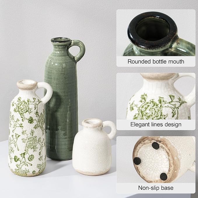 Ceramic Vase Set, 3Pcs Flower Vases for Modern Boho Farmhouse Decor, Decorative Vases for Pampas Grass & Dried Flowers, Distressed Finish