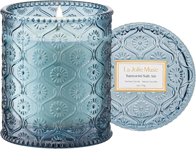 LA JOLIE MUSE Santorini Salt Air Scented Candles for Home, Soy Wax 40 Hrs | Luxury Blue Jar Candle, Natural Clean Non Toxic, Fresh Summer Ocean Candles, Relaxing Gifts for Women & Men, Bergamot & Sea
