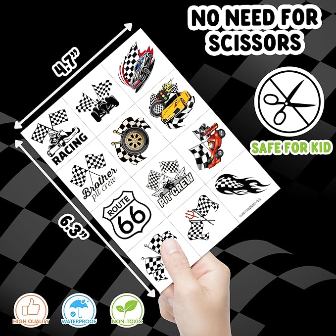 96 PCS Funny Race Car Checkered Flag Pre-Cut Black and White Temporary Tattoos Sticker Birthday Party Decorations Supplies Favors Gifts Boys Girls Men Cute Racing Fake Tattoo School Prizes (Normal)