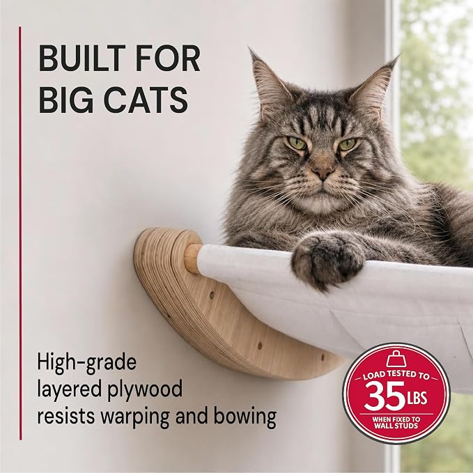 Cat Wall Hammock with 2 Steps for Large Cats | Complete cat wall shelves set with a roomy 21-inch wall mounted cat hammock, removable cushion and 2 sturdy climbing steps