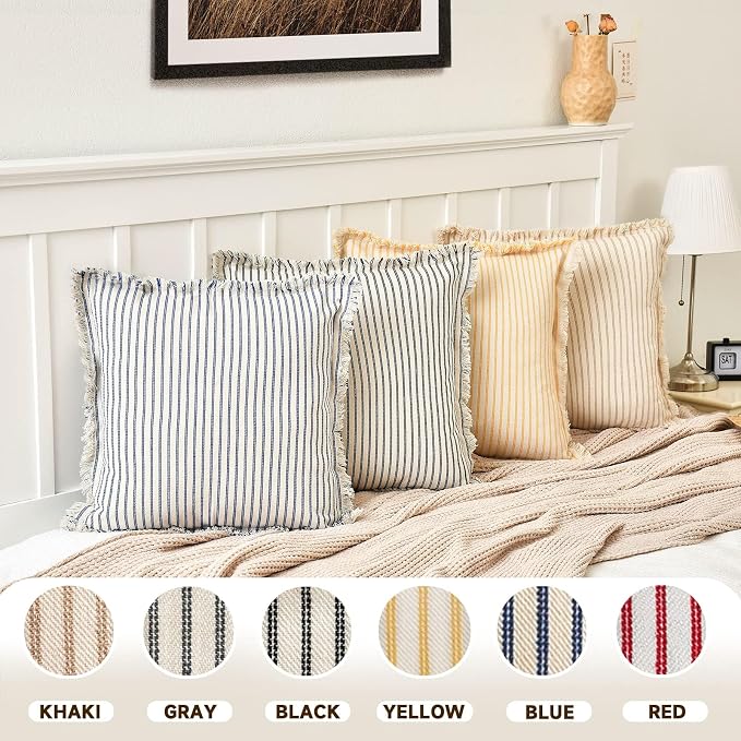 Throw Pillow Covers 12x20 Set of 2 Striped Pillow Covers with Fringe Chic Cotton Decorative Pillows Square Cushion Covers for Sofa Couch Bed Living Room Farmhouse Decor, (Khaki)