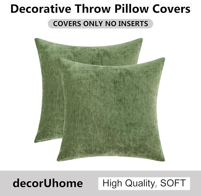 decorUhome Soft Chenille Olive Green Throw Pillow Covers 24X24 Set of 2 | Decorative Fall Couch Pillow Covers Solid Dyed Accent Modern Euro Sham Farmhouse Neutral Square Pillow Cases for Sofa