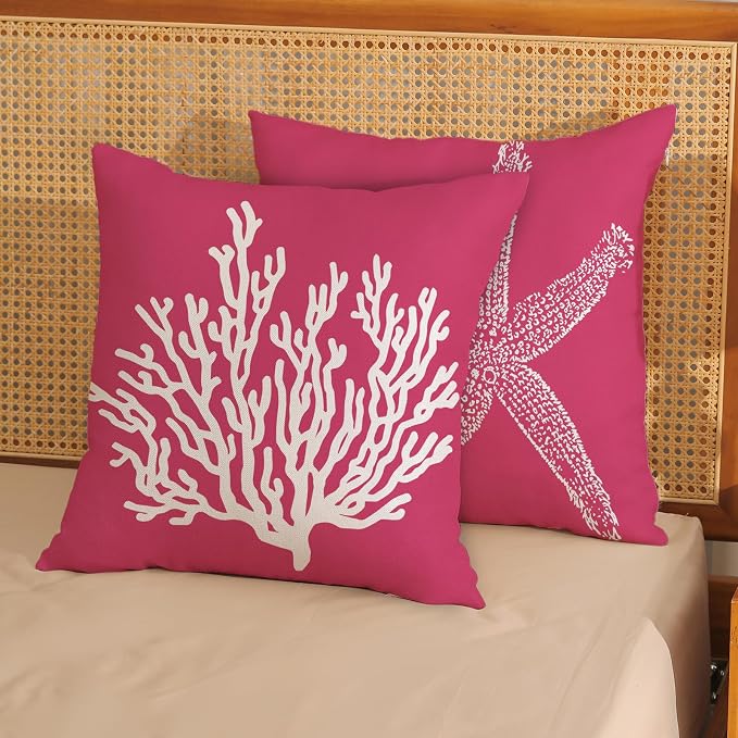 Coastal Pillow Covers 18x18 Inch Set of 2 Hot Pink Coral Starfish Throw Pillows Nautical Ocean Decorations Beach Pillowcase Outdoor Decor Linen Farmhouse Cushion Case for Home Sofa Living Room