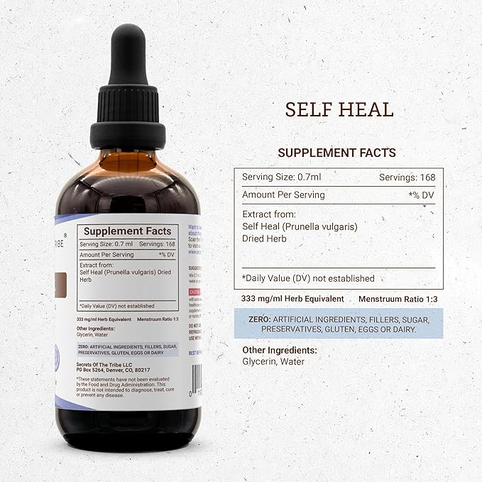 Secrets of the Tribe Self Heal Alcohol-Free Liquid Extract, Self Heal (Heal All, Prunella Vulgaris) Dried Herb Tincture Supplement (4 FL OZ)