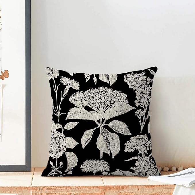 Floral Pillow Covers 18x18 Set of 2 Black Beige Hydrangea Herbs Botanical Throw Pillow Cover Outdoor Decor Vintage Boho Flower Pillowcase Farmhouse Decorative Linen Cushion Case for Home Couch