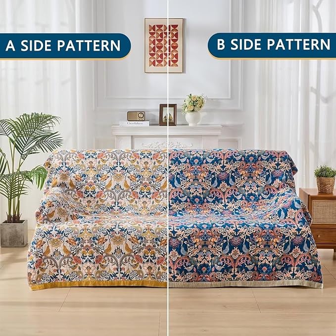Boho Throw Blanket Farmhouse Decor Throw Blanket Bohemian Blanket for Bed 100% Cotton Muslin Woven Couch Blanket All Seasons Quilt Bedroom (A-Whiite, 90"x98")